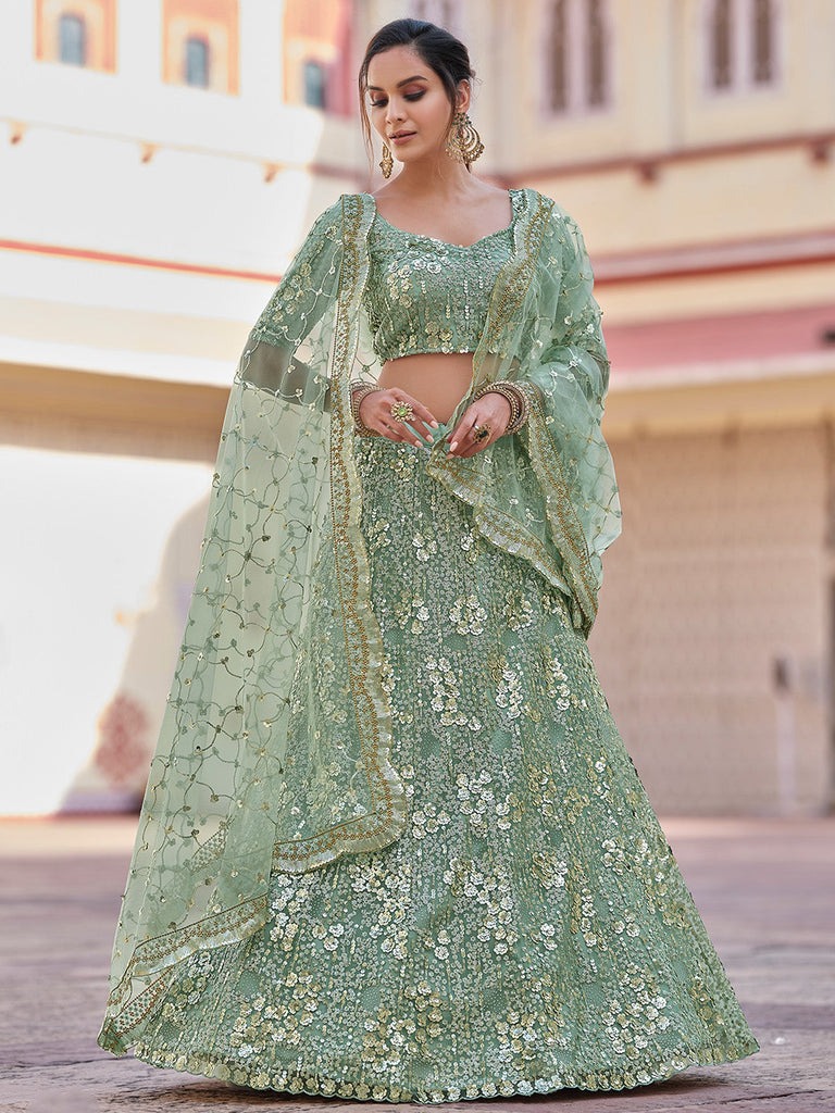 Green Embroidered Semi Stitched Lehenga With Unstitched Blouse Clothsvilla