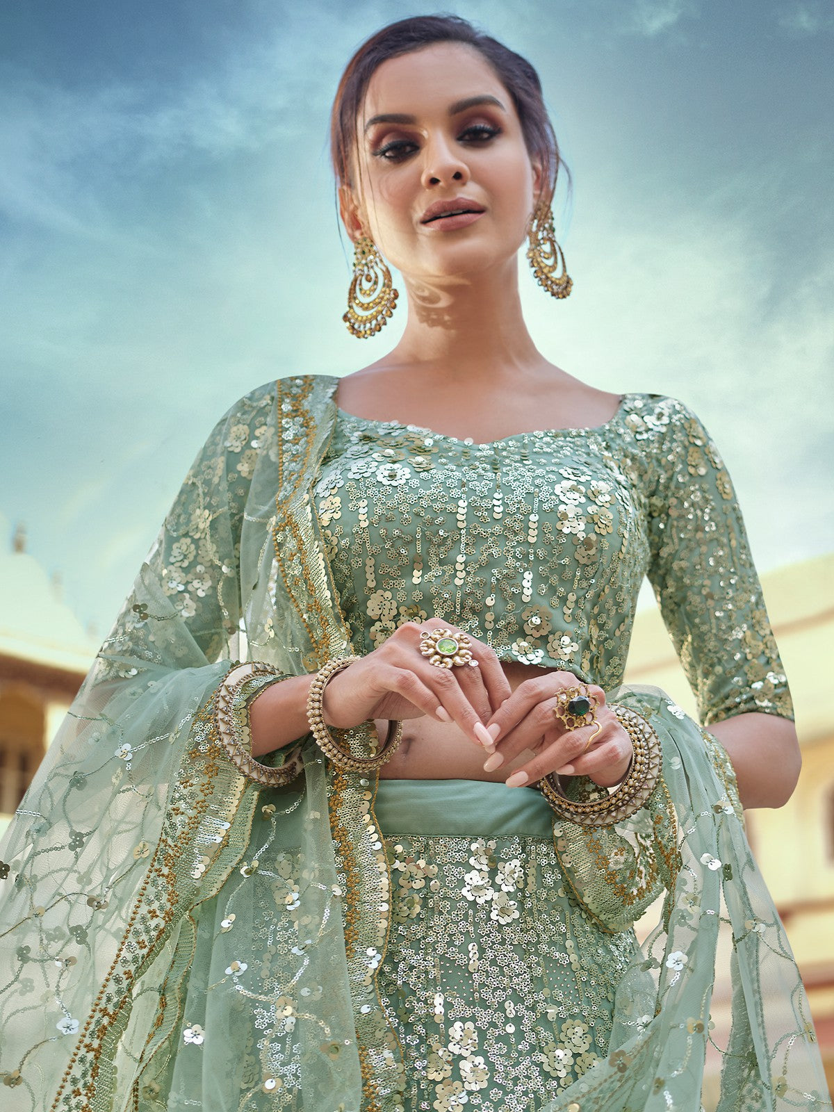 Green Embroidered Semi Stitched Lehenga With Unstitched Blouse Clothsvilla