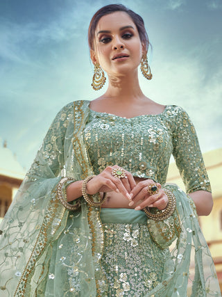 Green Embroidered Semi Stitched Lehenga With Unstitched Blouse Clothsvilla