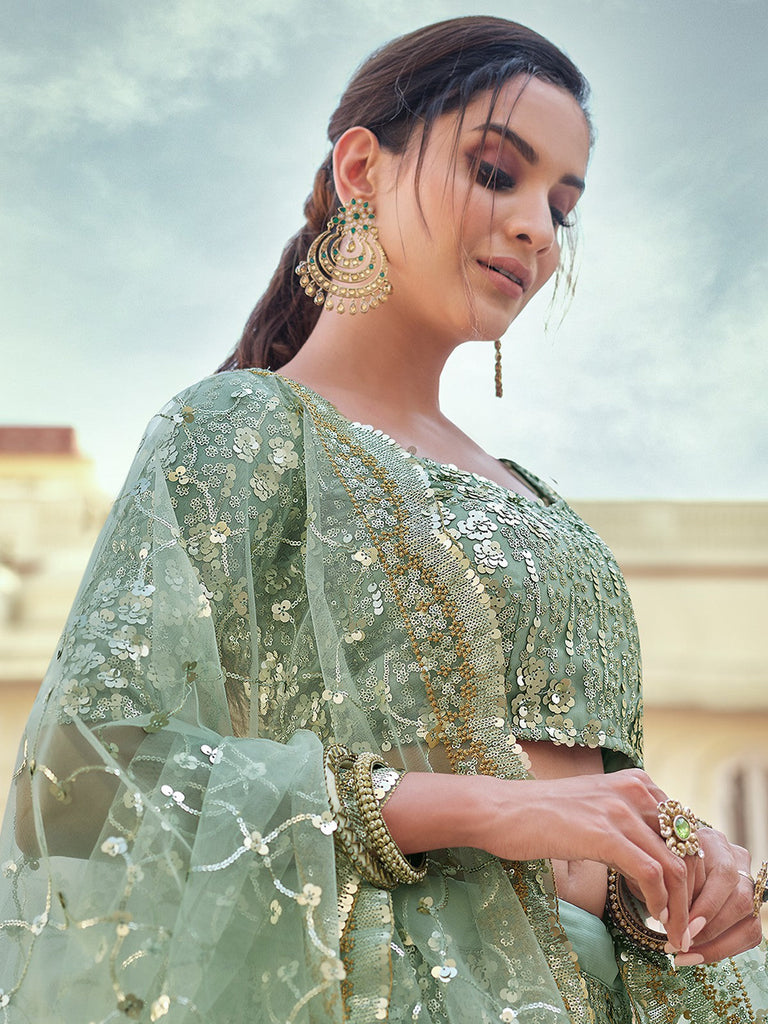 Green Embroidered Semi Stitched Lehenga With Unstitched Blouse Clothsvilla