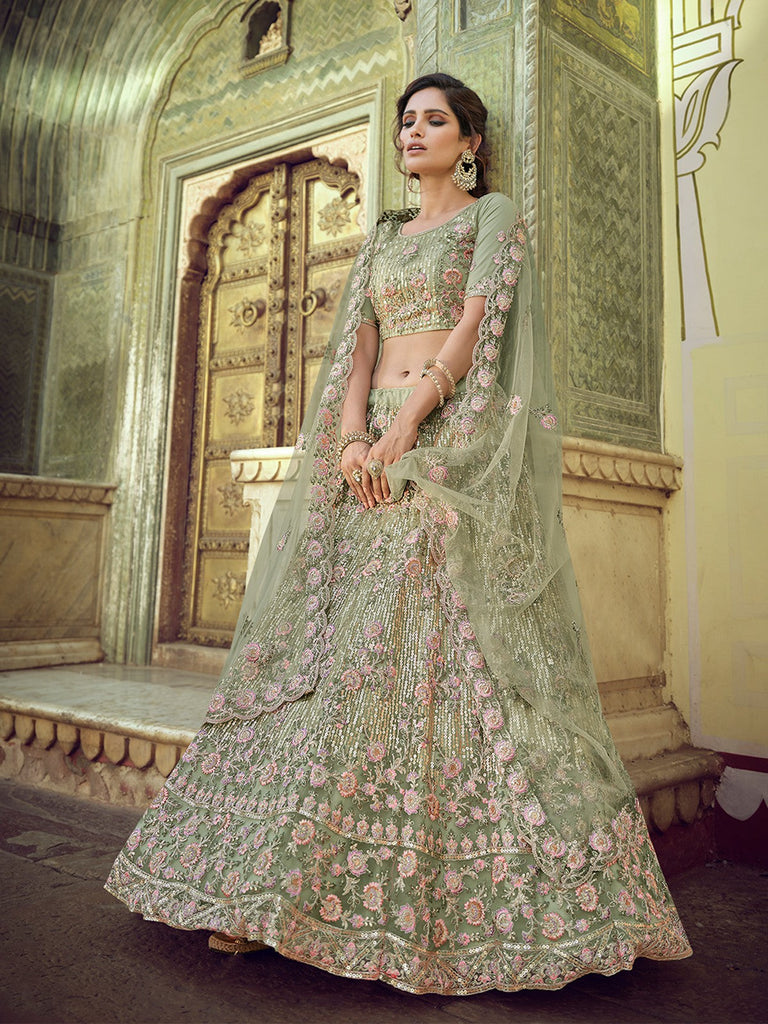 Green Net Semi Stitched Lehenga With Unstitched Blouse Clothsvilla