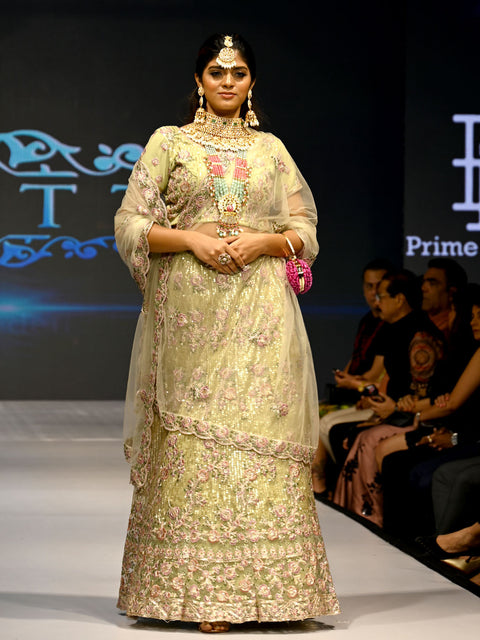 Green Net Semi Stitched Lehenga With Unstitched Blouse Clothsvilla Main image