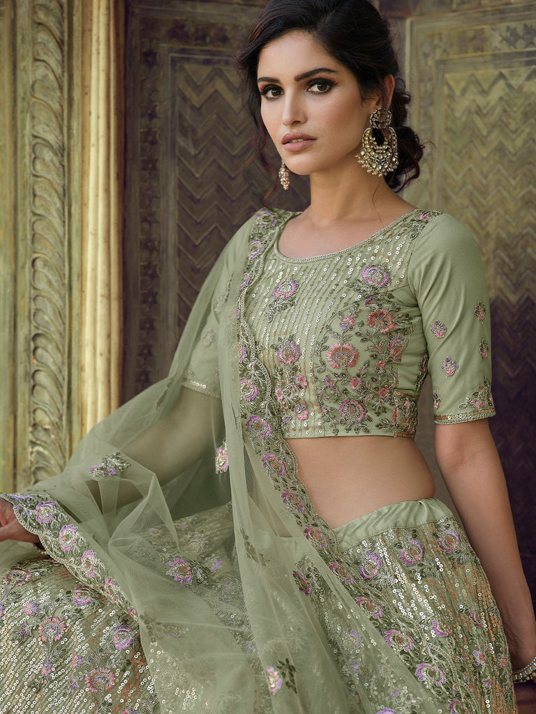 Green Net Semi Stitched Lehenga With Unstitched Blouse Clothsvilla