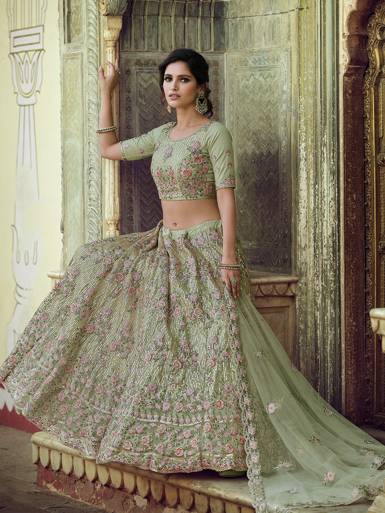 Green Net Semi Stitched Lehenga With Unstitched Blouse Clothsvilla