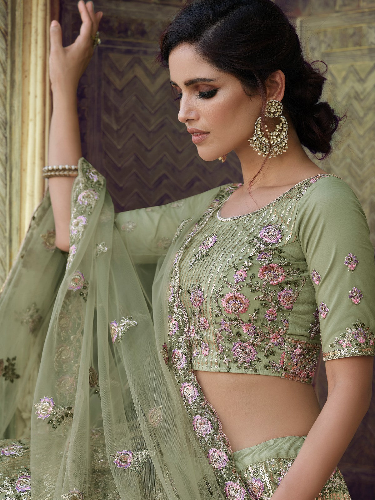 Green Net Semi Stitched Lehenga With Unstitched Blouse Clothsvilla