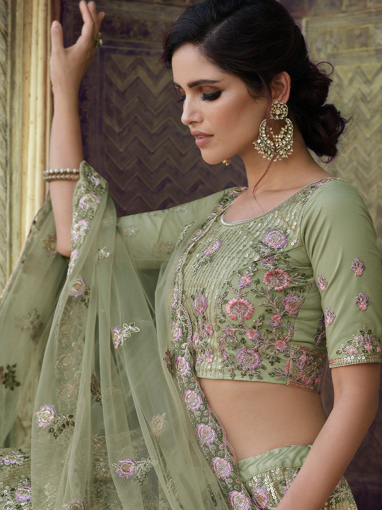 Green Net Semi Stitched Lehenga With Unstitched Blouse Clothsvilla