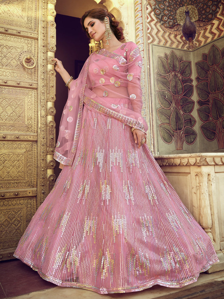 Pink Sequins Semi Stitched Lehenga With Unstitched Blouse Clothsvilla
