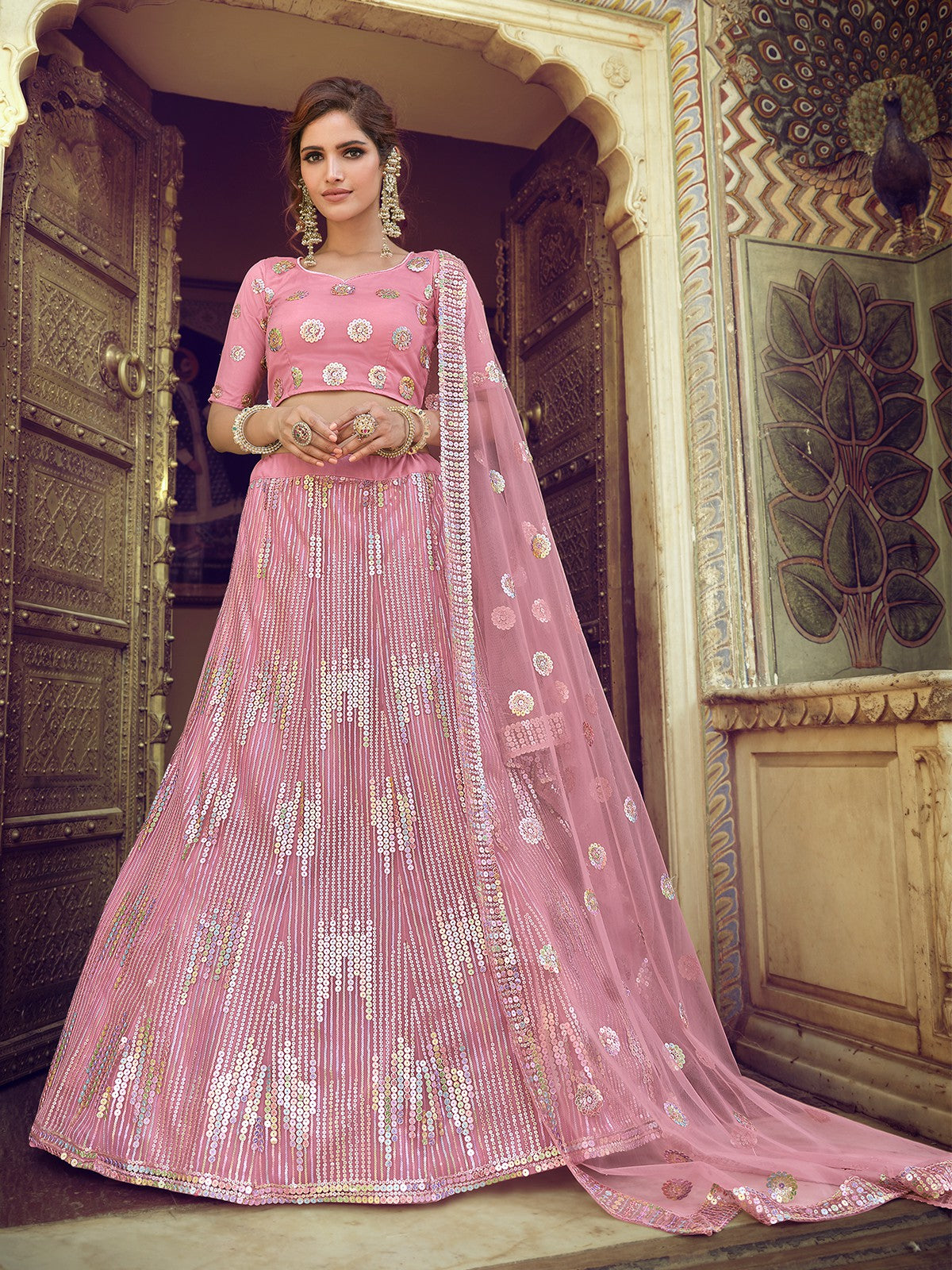 Pink Sequins Semi Stitched Lehenga With Unstitched Blouse Clothsvilla