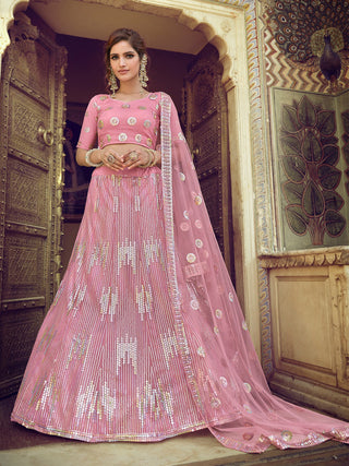Pink Sequins Semi Stitched Lehenga With Unstitched Blouse Clothsvilla