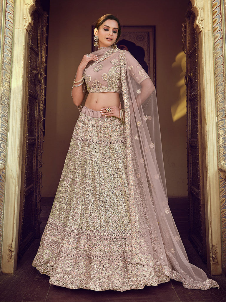 Lilac Embroidered Soft Net Semi Stitched Lehenga With Unstitched Blouse Clothsvilla