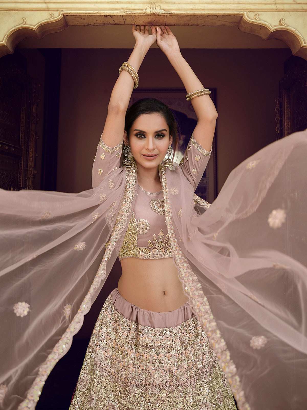 Lilac Embroidered Soft Net Semi Stitched Lehenga With Unstitched Blouse Clothsvilla