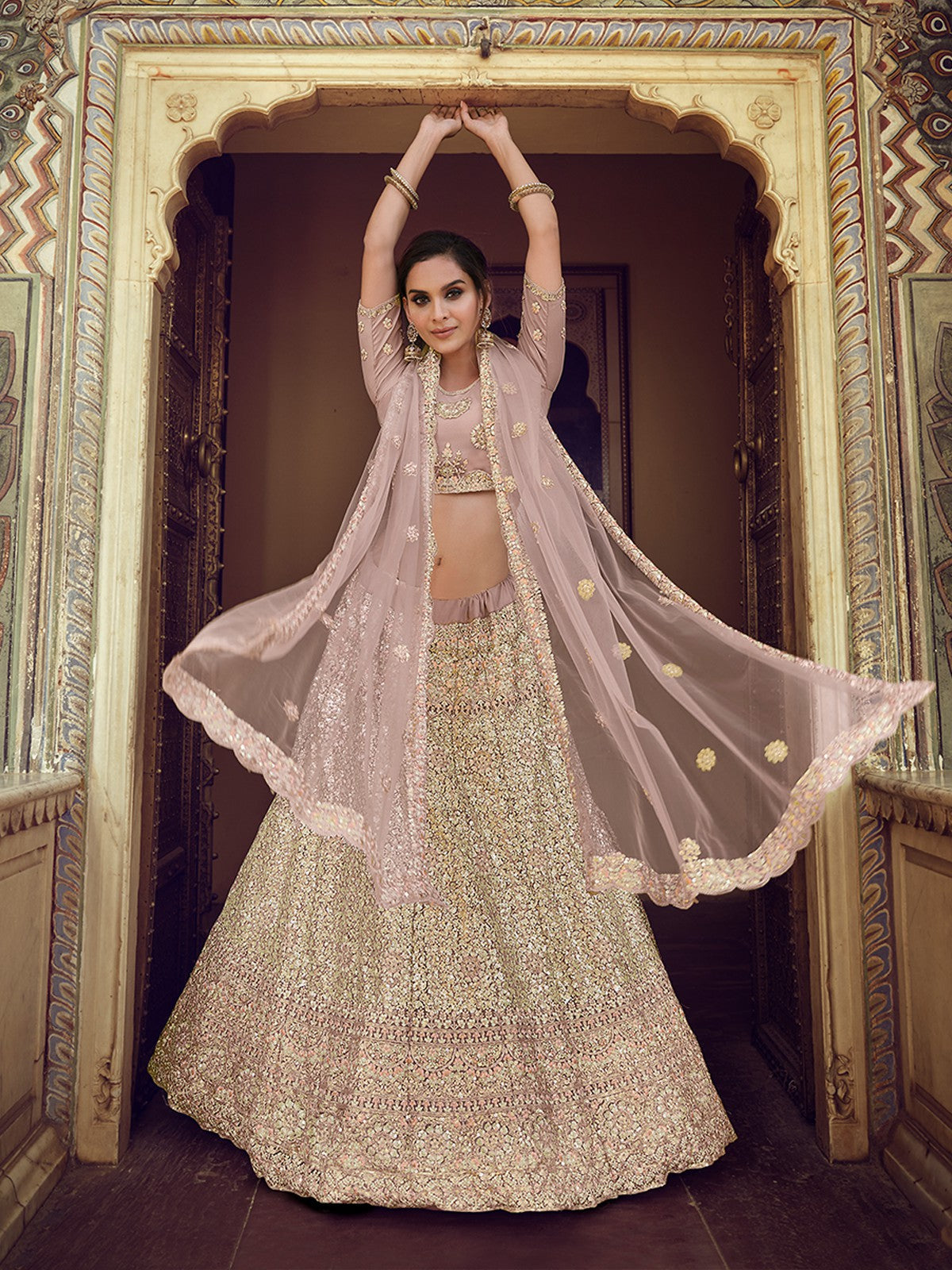Lilac Embroidered Soft Net Semi Stitched Lehenga With Unstitched Blouse Clothsvilla