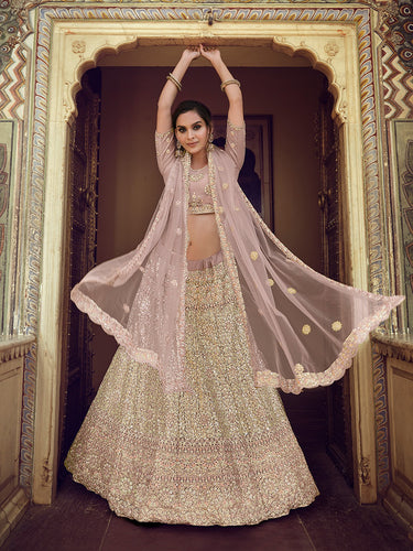 Lilac Embroidered Soft Net Semi Stitched Lehenga With Unstitched Blouse Clothsvilla