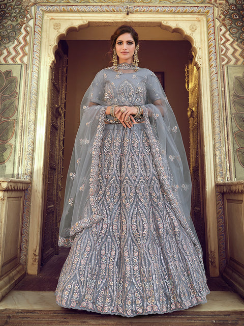 Grey Sequins Embroidered Soft Net Semi Stitched Lehenga With Unstitched Blouse Clothsvilla Main image