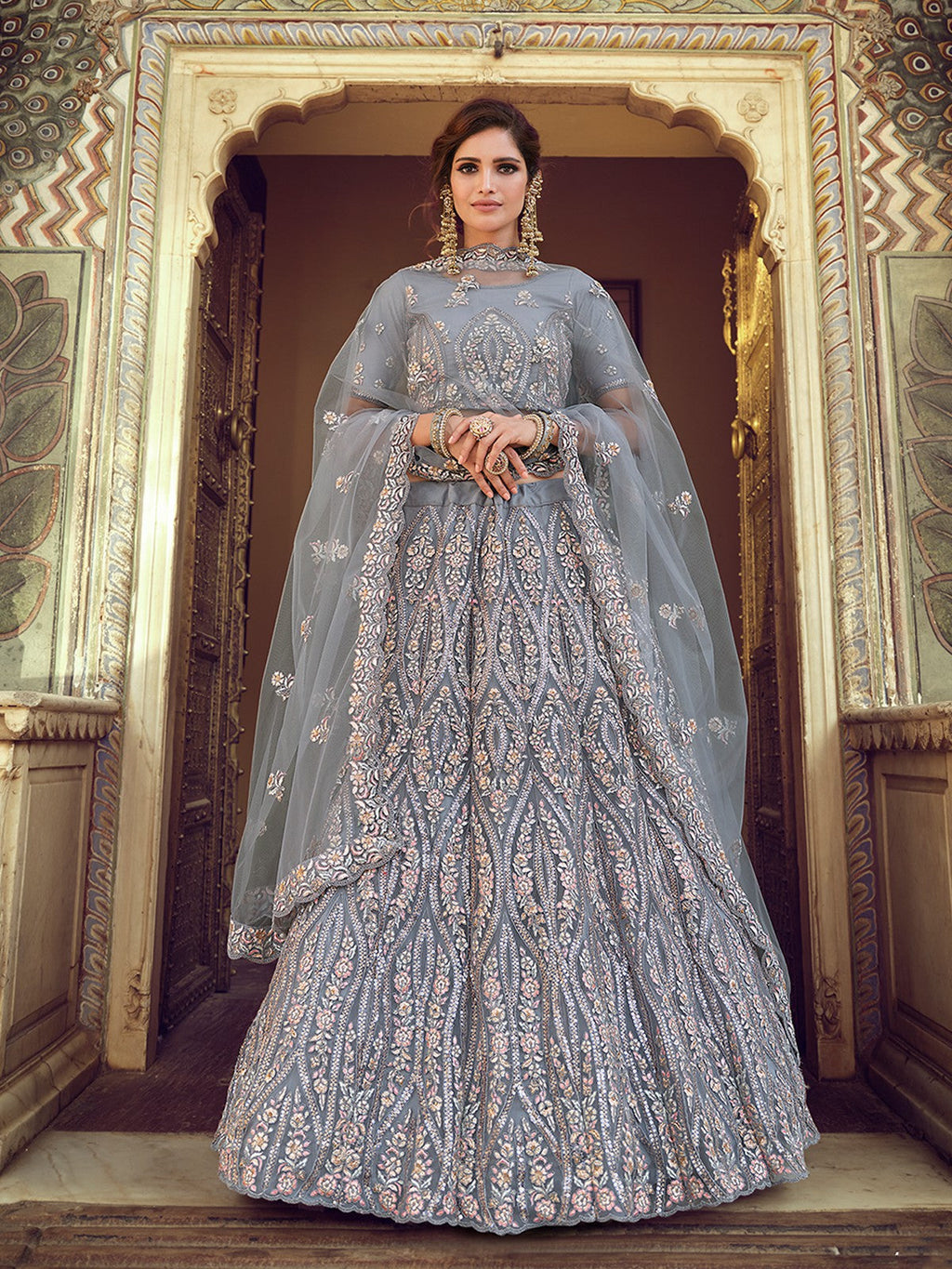 Grey Sequins Embroidered Soft Net Semi Stitched Lehenga With Unstitched Blouse Clothsvilla