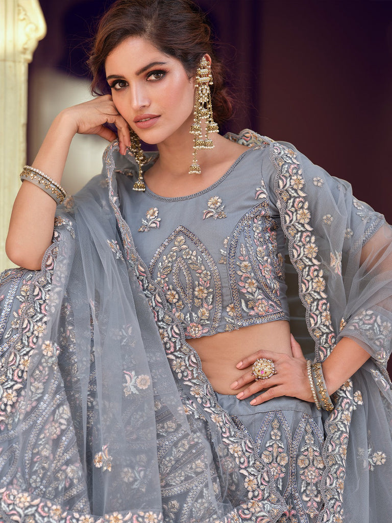 Grey Sequins Embroidered Soft Net Semi Stitched Lehenga With Unstitched Blouse Clothsvilla