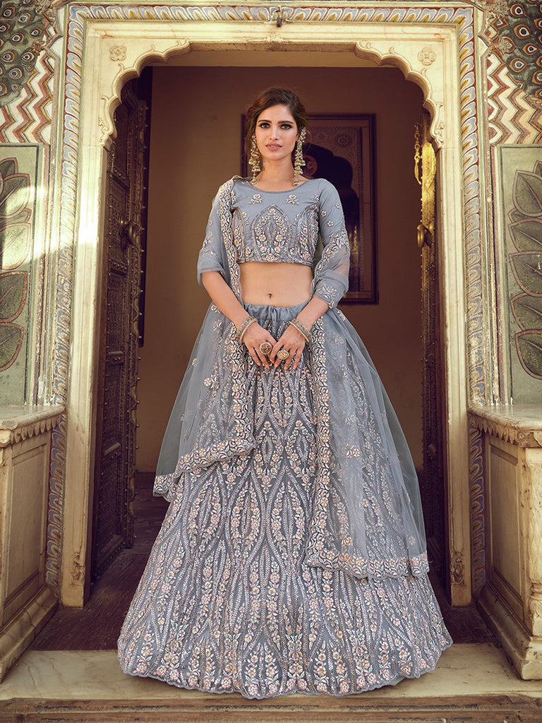 Grey Sequins Embroidered Soft Net Semi Stitched Lehenga With Unstitched Blouse Clothsvilla