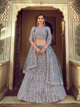 Load image into Gallery viewer, Grey Sequins Embroidered Soft Net Semi Stitched Lehenga With Unstitched Blouse Clothsvilla
