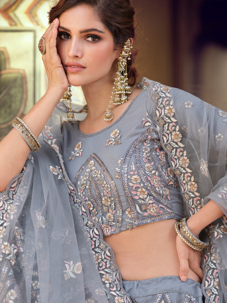 Grey Sequins Embroidered Soft Net Semi Stitched Lehenga With Unstitched Blouse Clothsvilla