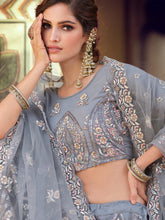 Load image into Gallery viewer, Grey Sequins Embroidered Soft Net Semi Stitched Lehenga With Unstitched Blouse Clothsvilla