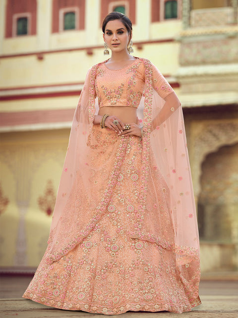 Peach Embroidered Semi Stitched Lehenga With Unstitched Blouse Clothsvilla Main image