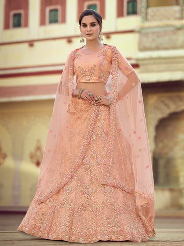 Peach Embroidered Semi Stitched Lehenga With Unstitched Blouse Clothsvilla