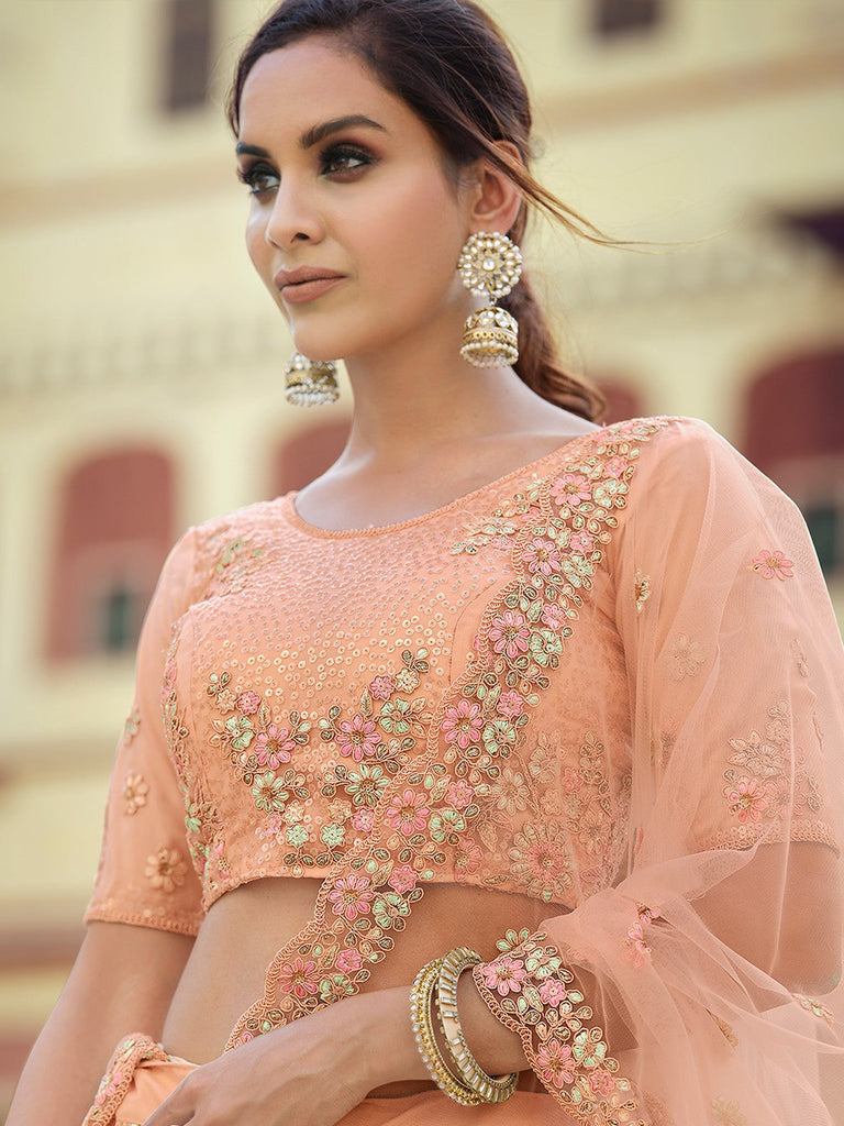 Peach Embroidered Semi Stitched Lehenga With Unstitched Blouse Clothsvilla