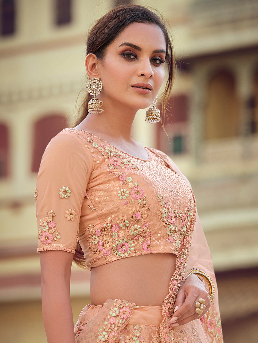 Peach Embroidered Semi Stitched Lehenga With Unstitched Blouse Clothsvilla