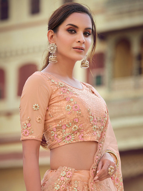 Peach Embroidered Semi Stitched Lehenga With Unstitched Blouse Clothsvilla