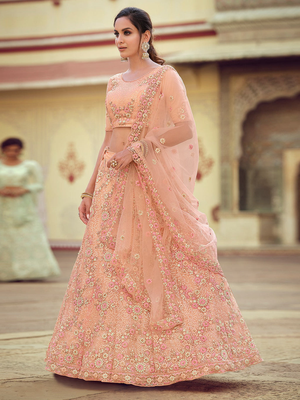 Peach Embroidered Semi Stitched Lehenga With Unstitched Blouse Clothsvilla