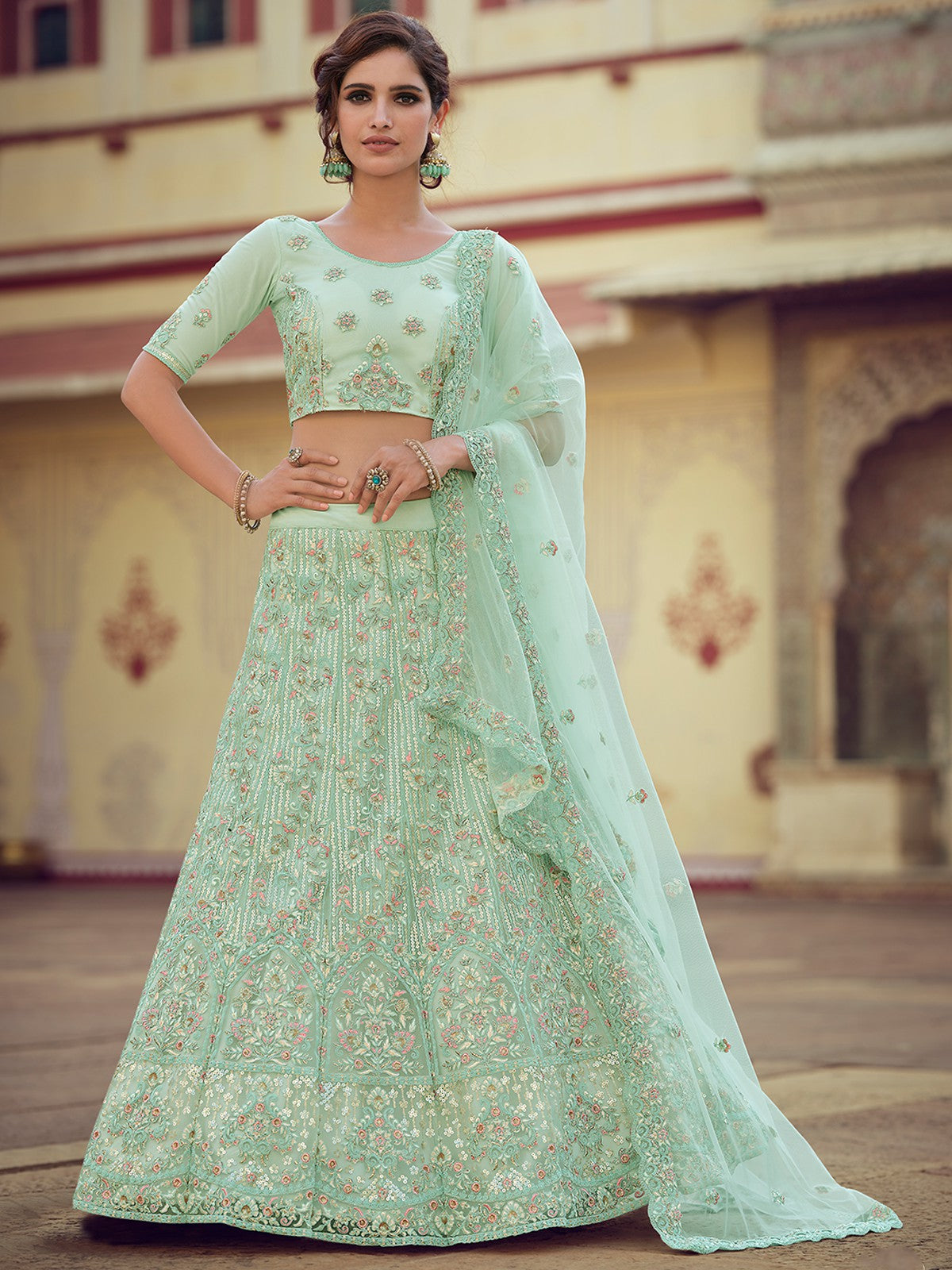 Green Embroidered Soft Net Semi Stitched Lehenga With Unstitched Blouse Clothsvilla Main image