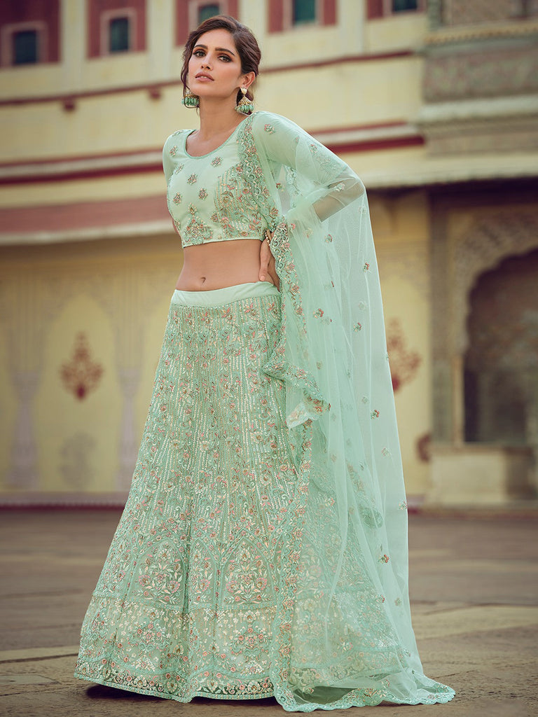 Green Embroidered Soft Net Semi Stitched Lehenga With Unstitched Blouse Clothsvilla