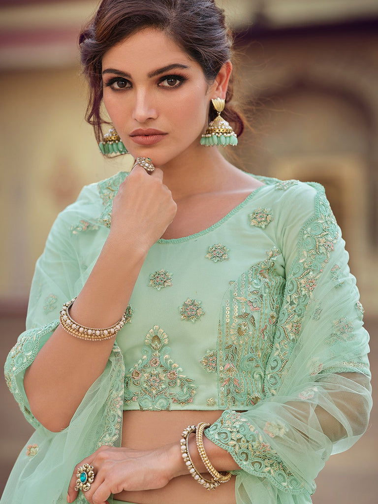 Green Embroidered Soft Net Semi Stitched Lehenga With Unstitched Blouse Clothsvilla