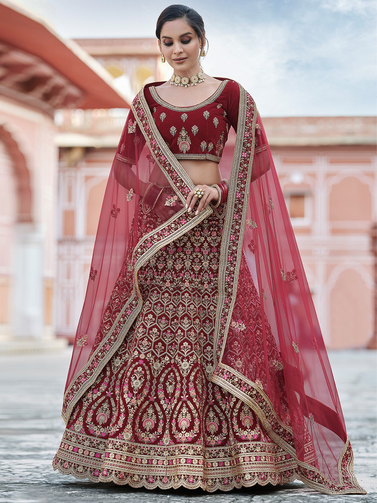 Maroon Elegant  Semi Stitched Lehenga With  Unstitched Blouse Clothsvilla