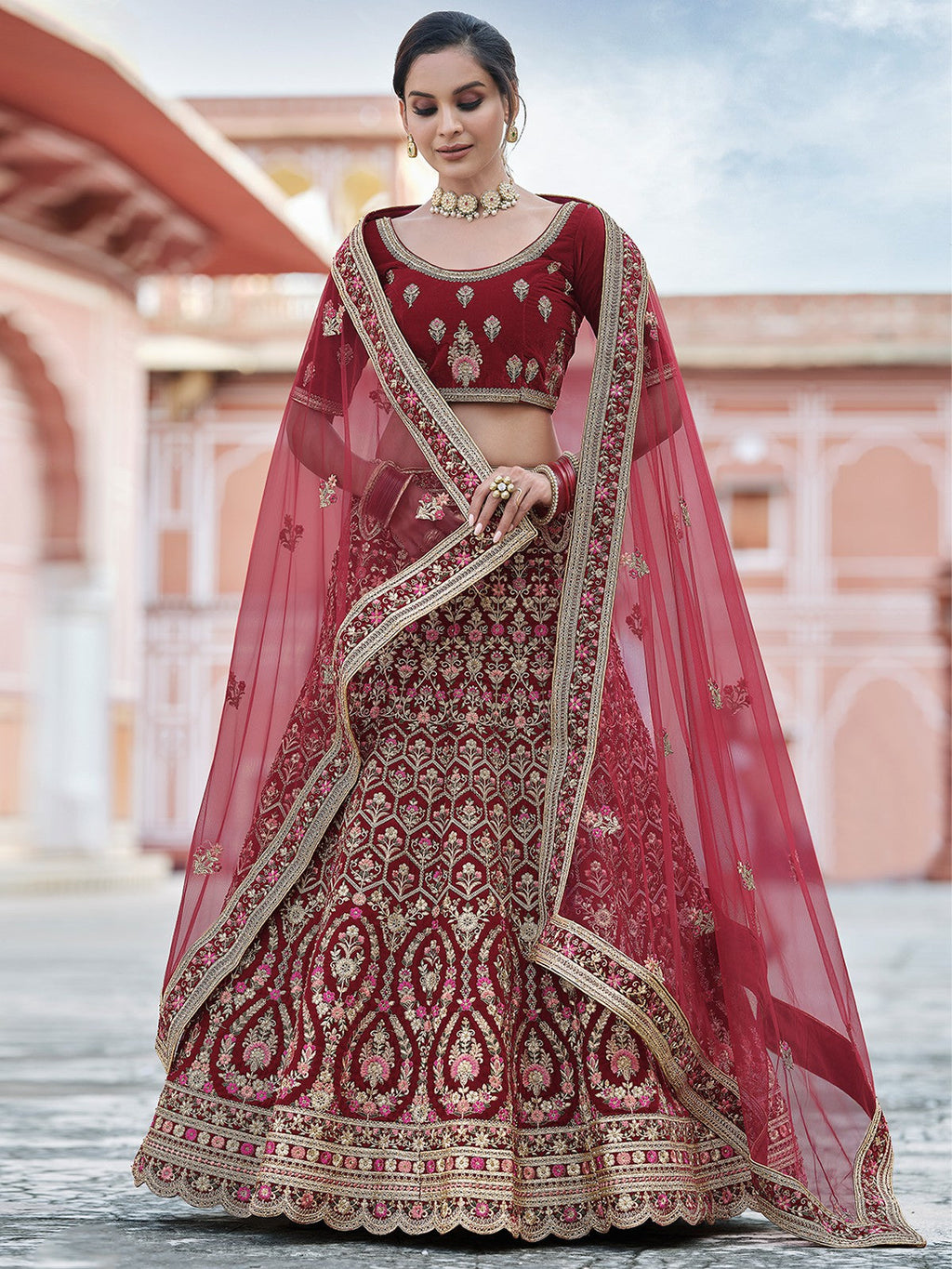 Maroon Elegant  Semi Stitched Lehenga With  Unstitched Blouse Clothsvilla