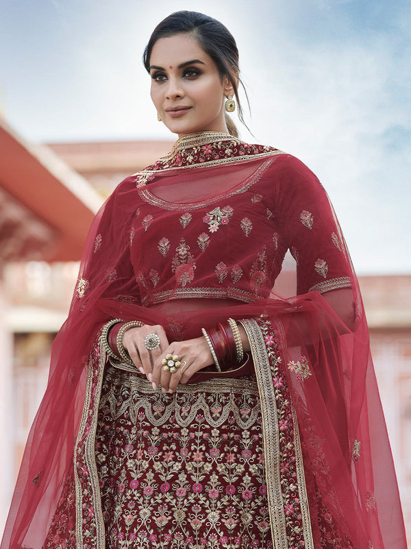 Maroon Elegant  Semi Stitched Lehenga With  Unstitched Blouse Clothsvilla