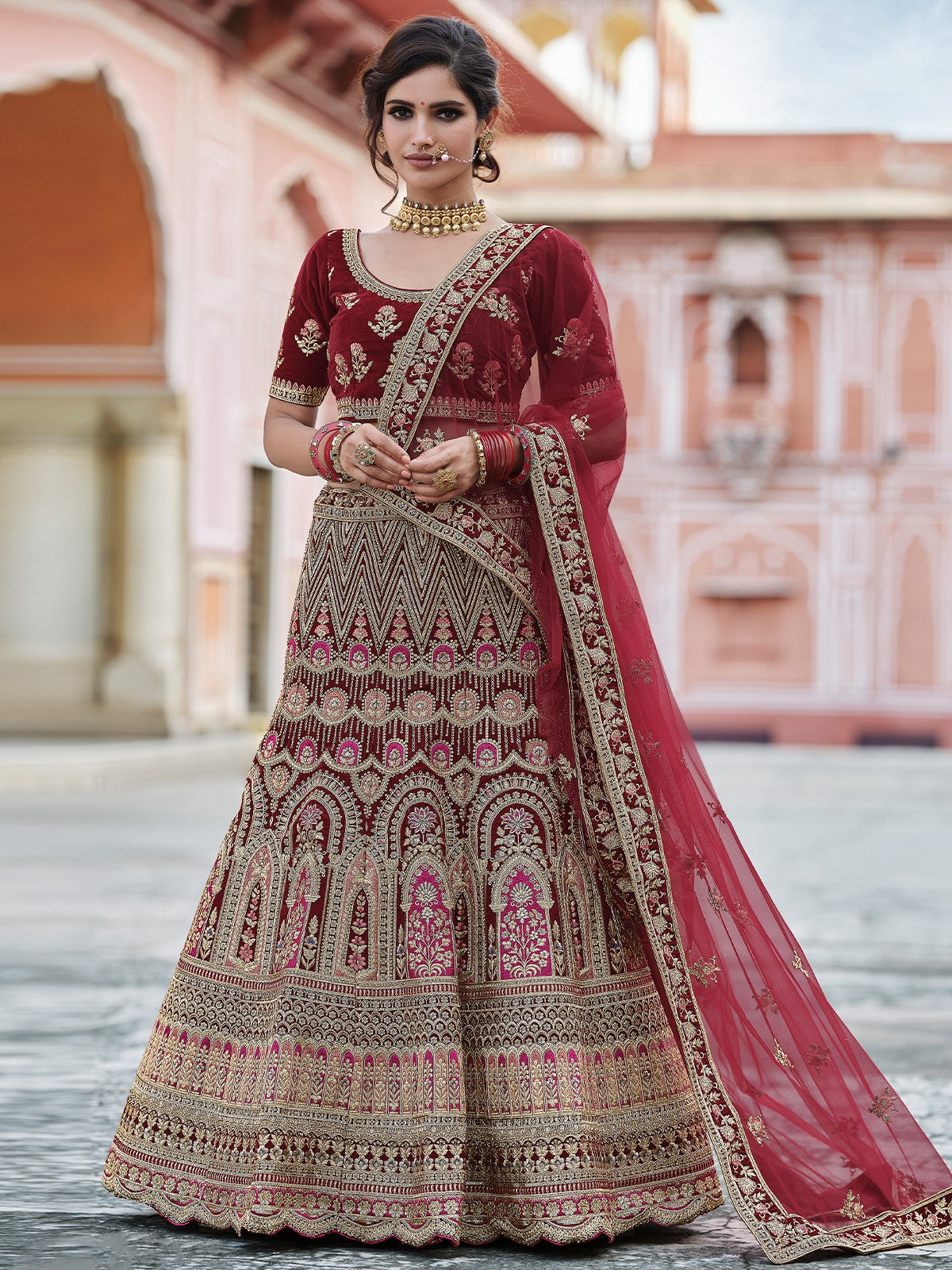 Designer Maroon  Semi Stitched Lehenga With  Unstitched Blouse Clothsvilla