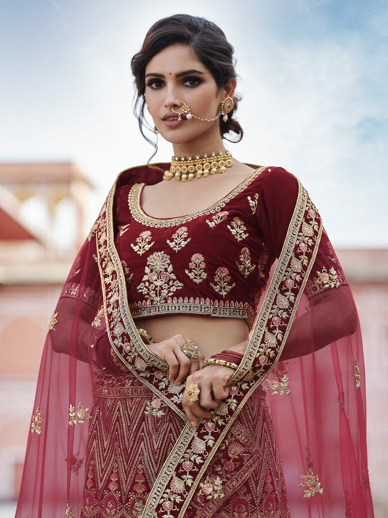 Designer Maroon  Semi Stitched Lehenga With  Unstitched Blouse Clothsvilla