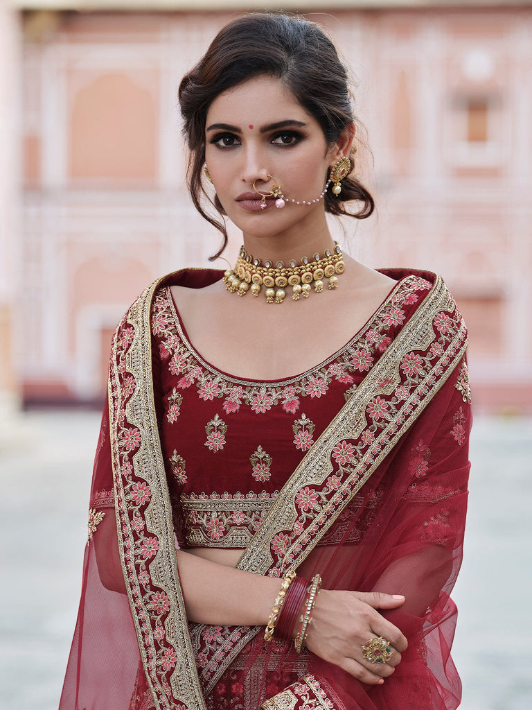 Maroon Elegant  Semi Stitched Lehenga With  Unstitched Blouse Clothsvilla