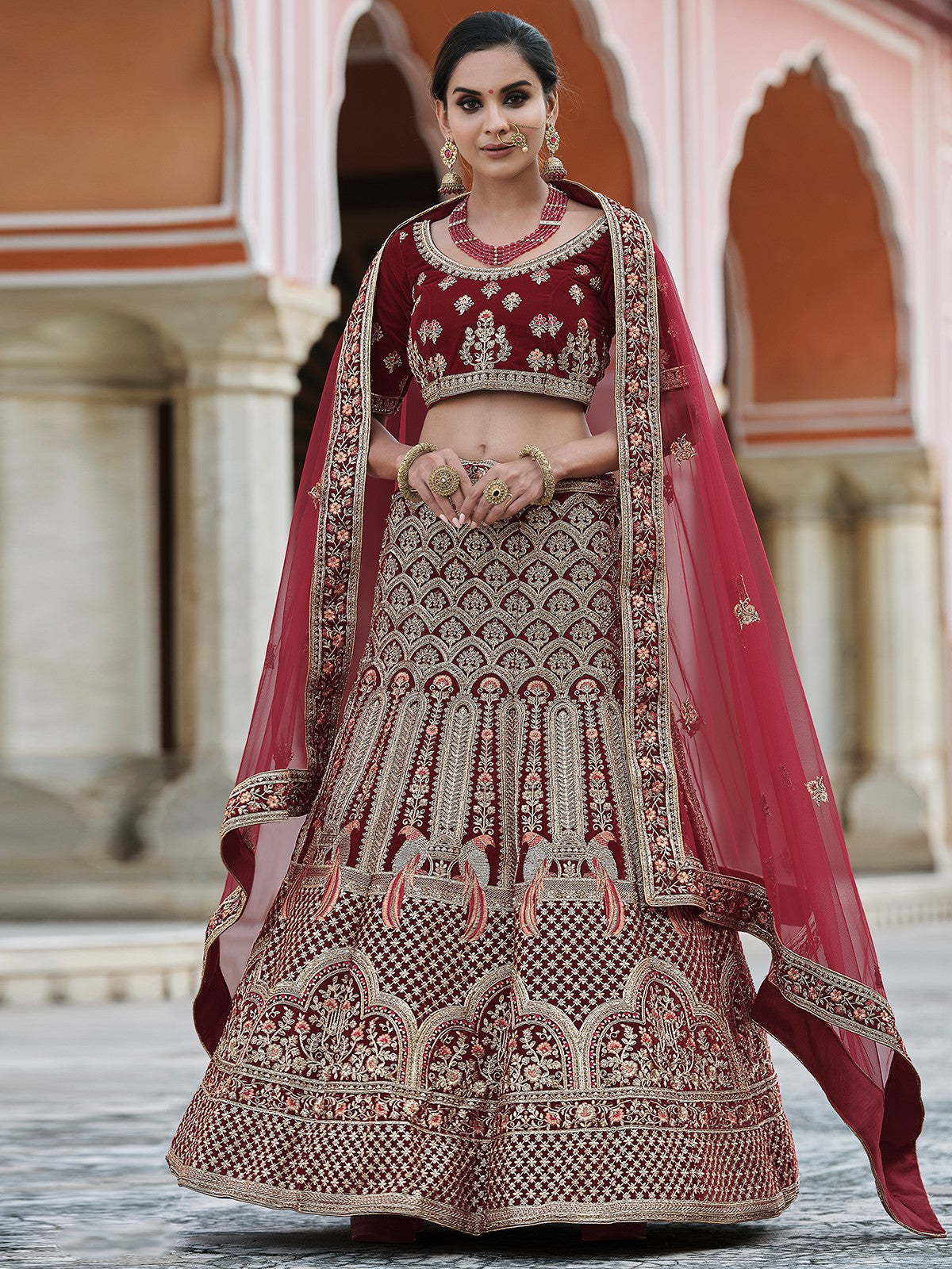 Designer Maroon  Semi Stitched Lehenga With  Unstitched Blouse Clothsvilla