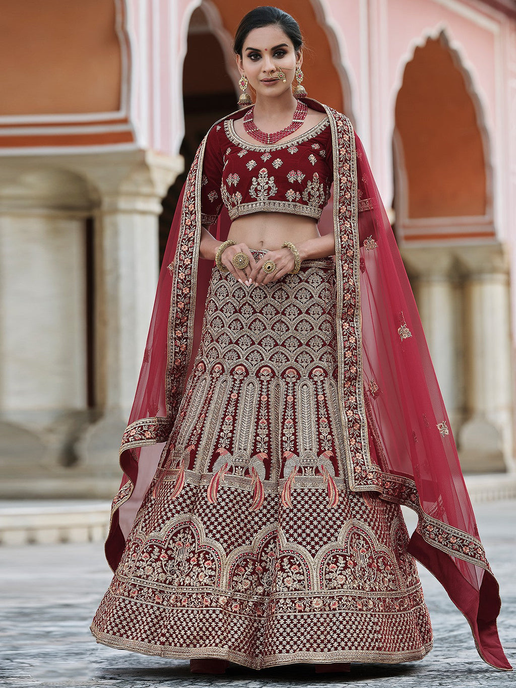 Designer Maroon  Semi Stitched Lehenga With  Unstitched Blouse Clothsvilla