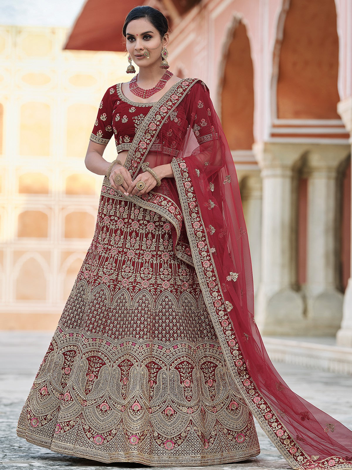 Festive Maroon  Semi Stitched Lehenga With  Unstitched Blouse Clothsvilla Main image
