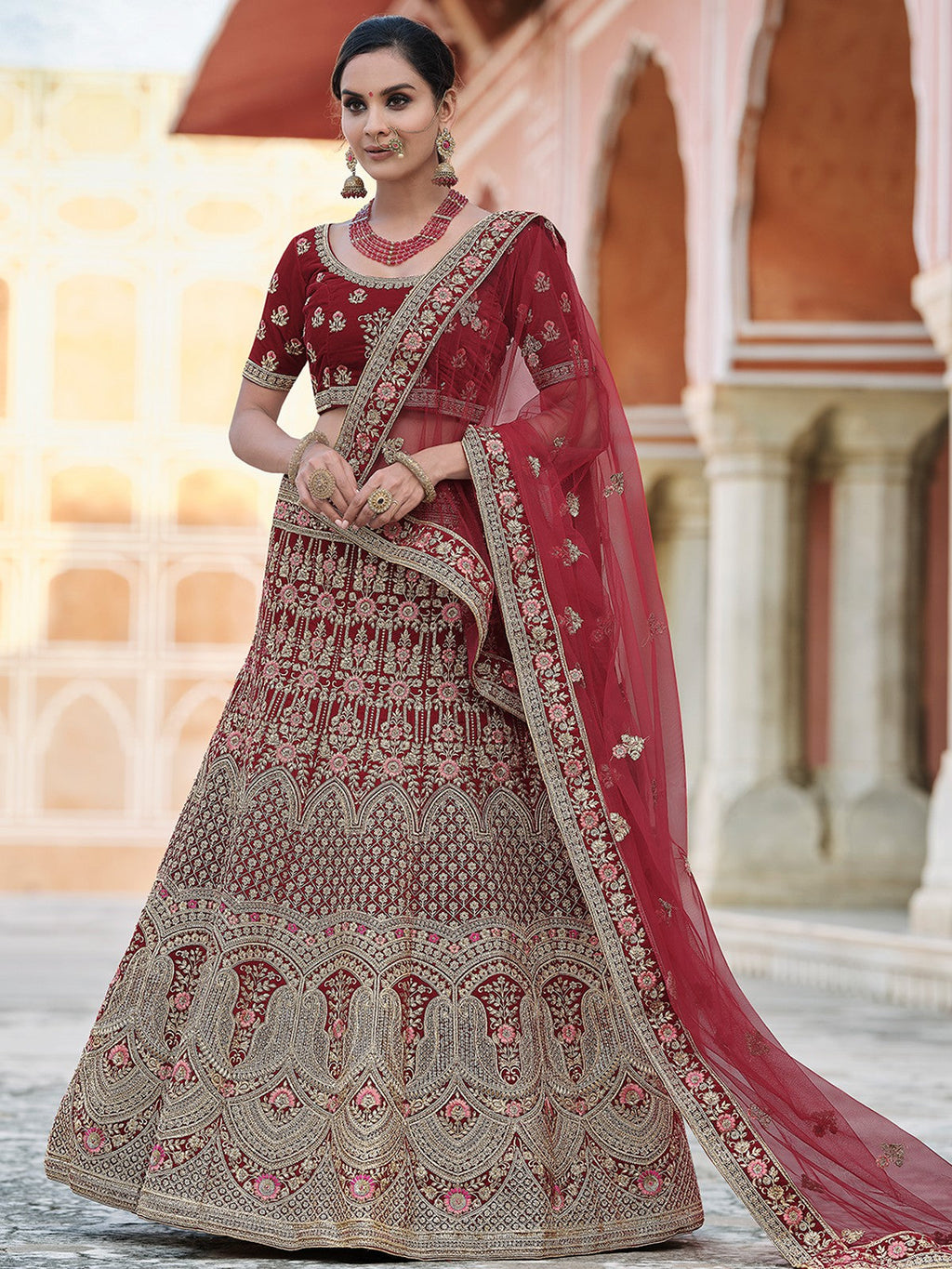Festive Maroon  Semi Stitched Lehenga With  Unstitched Blouse Clothsvilla