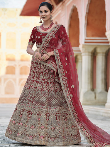 Festive Maroon  Semi Stitched Lehenga With  Unstitched Blouse Clothsvilla