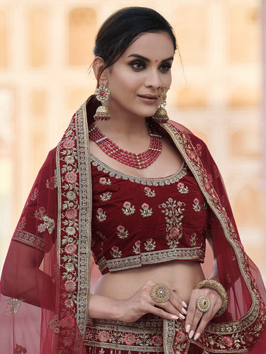 Festive Maroon  Semi Stitched Lehenga With  Unstitched Blouse Clothsvilla