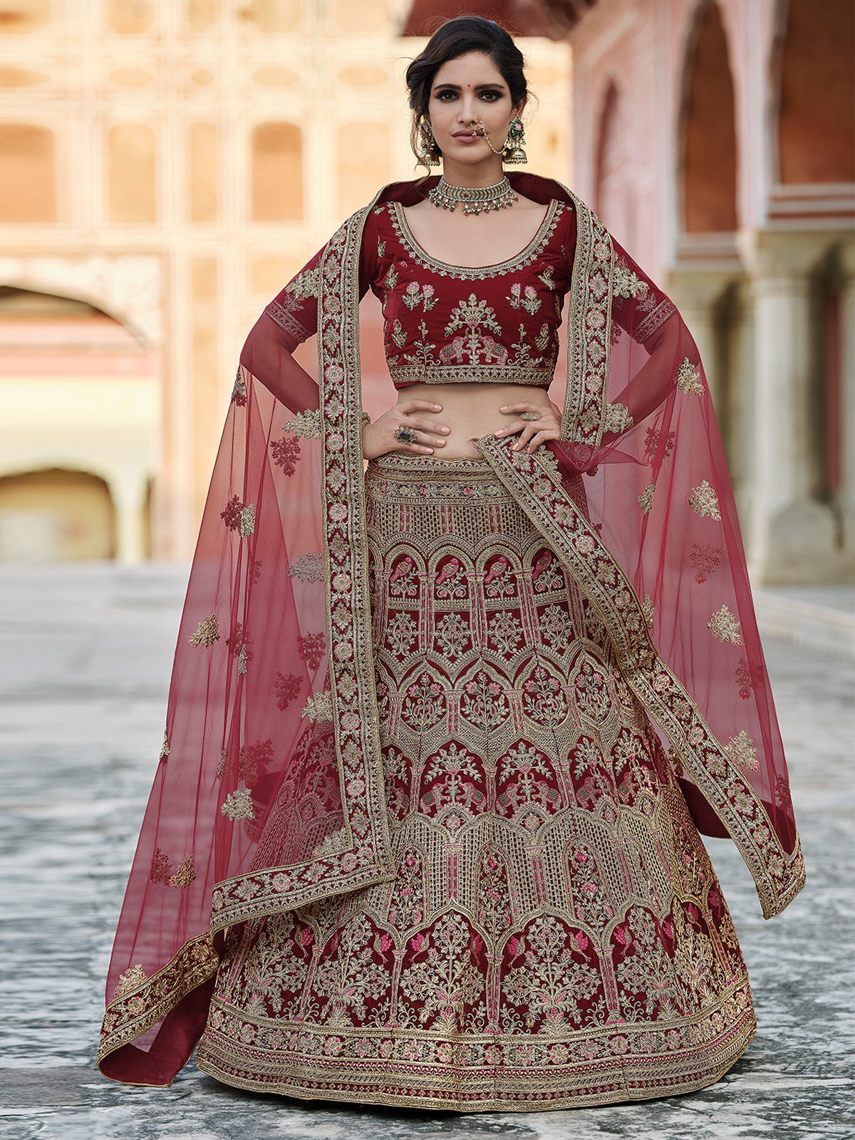 Maroon Soft Net Hand Work And Embroidery Semi Stitched Lehenga With  Unstitched Blouse Clothsvilla Main image