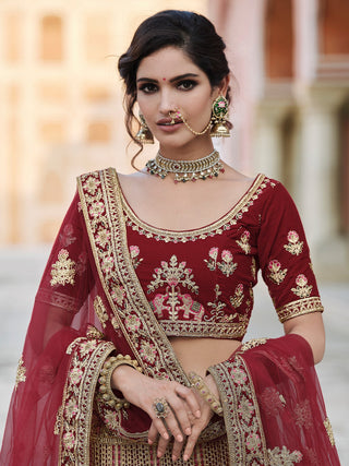 Maroon Soft Net Hand Work And Embroidery Semi Stitched Lehenga With  Unstitched Blouse Clothsvilla