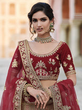 Load image into Gallery viewer, Maroon Soft Net Hand Work And Embroidery Semi Stitched Lehenga With  Unstitched Blouse Clothsvilla