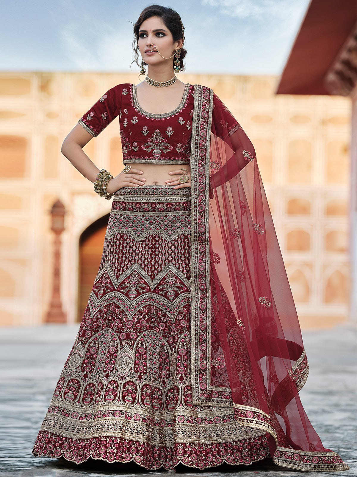 Maroon Stunning Semi Stitched Lehenga With  Unstitched Blouse Clothsvilla Main image