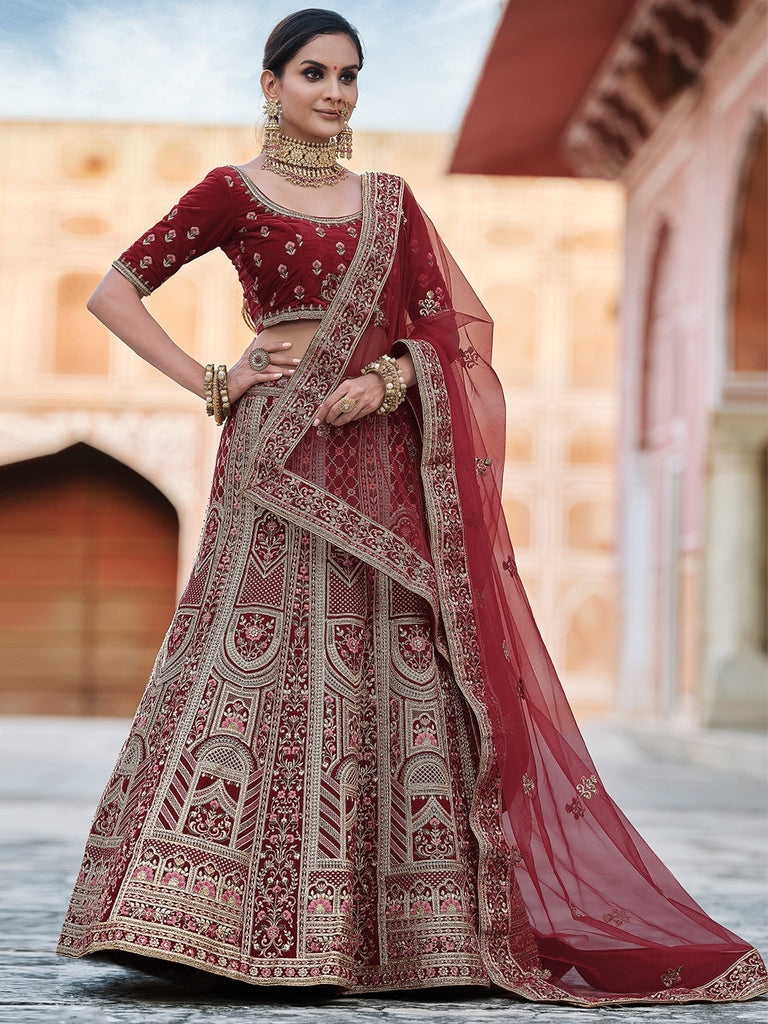 Maroon Designer Semi Stitched Lehenga With  Unstitched Blouse Clothsvilla